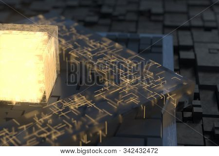 Luminous Cube And Circuits, Black Cubes, 3D Rendering.