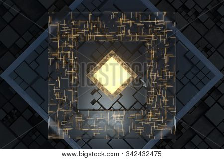 Luminous Cube And Circuits, Black Cubes, 3D Rendering.