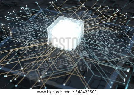 Luminous Cube And Circuits, Black Cubes, 3D Rendering.