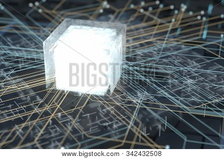 Luminous Cube And Circuits, Black Cubes, 3D Rendering.