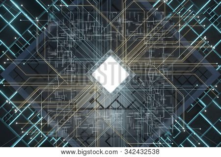 Luminous Cube And Circuits, Black Cubes, 3D Rendering.