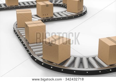 Boxes Moving On The Conveyor Belt, 3D Rendering.