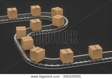 Boxes Moving On The Conveyor Belt, 3D Rendering.