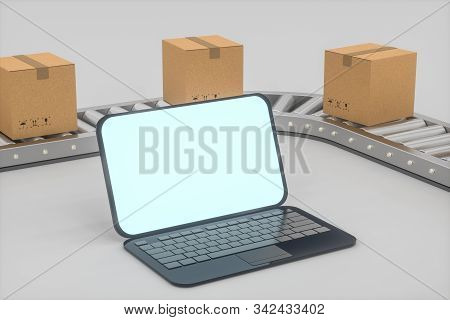 Boxes Moving On The Conveyor Belt, Laptop And Conveyor Belt ,3D Rendering.