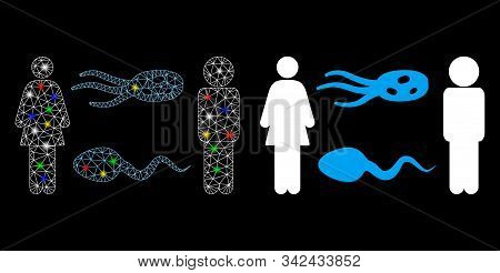 Flare Mesh People Exchange Microbes Icon With Glow Effect. Abstract Illuminated Model Of People Exch