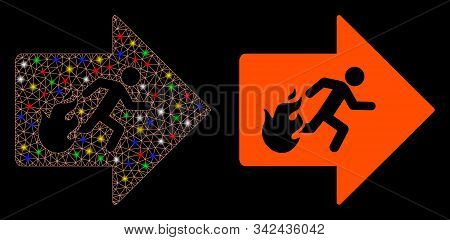 Flare Mesh Fire Exit Icon With Glare Effect. Abstract Illuminated Model Of Fire Exit. Shiny Wire Fra