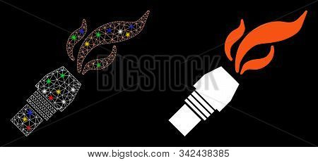 Glowing Mesh Burner Nozzle Fire Icon With Glare Effect. Abstract Illuminated Model Of Burner Nozzle 