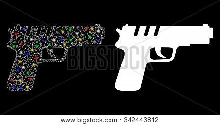 Flare Mesh Pistol Gun Icon With Glare Effect. Abstract Illuminated Model Of Pistol Gun. Shiny Wire C