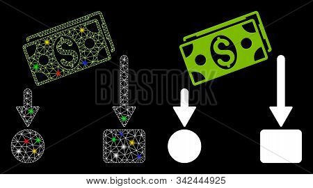 Glossy Mesh Cash Flow Icon With Glare Effect. Abstract Illuminated Model Of Cash Flow. Shiny Wire Ca