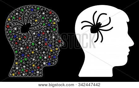 Glowing Mesh Mental Parasite Spider Icon With Glitter Effect. Abstract Illuminated Model Of Mental P