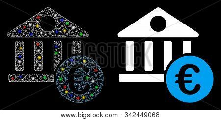 Glowing Mesh Euro Banking Building Icon With Lightspot Effect. Abstract Illuminated Model Of Euro Ba