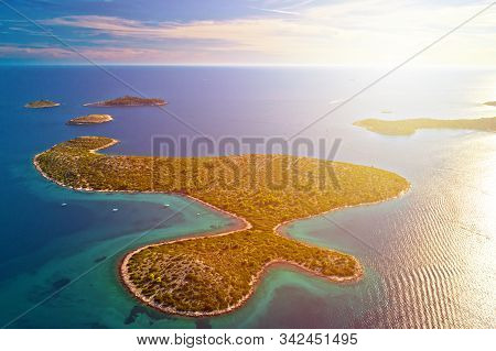 Aba Vela Island In Kornati National Park Sunset Aerial View, Famous Sailing Destination In Croatia