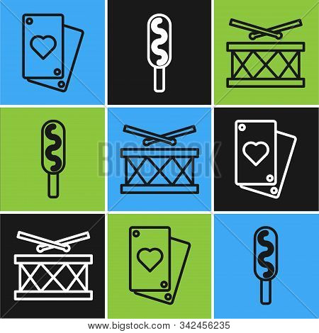 Set Line Playing Card, Drum With Drum Sticks And Corn Dog Icon. Vector