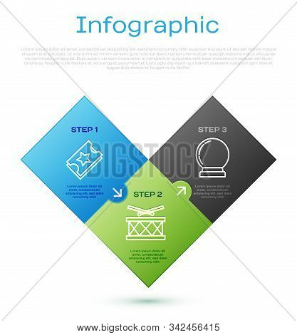 Set Line Ticket, Magic Ball, Drum With Drum Sticks And Magic Wand. Business Infographic Template. Ve
