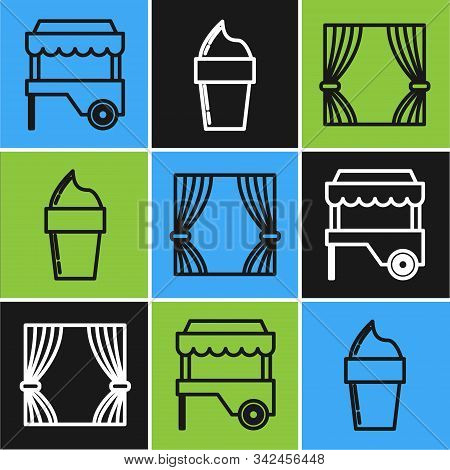 Set Line Fast Street Food Cart With Awning, Curtain And Ice Cream In Waffle Cone Icon. Vector