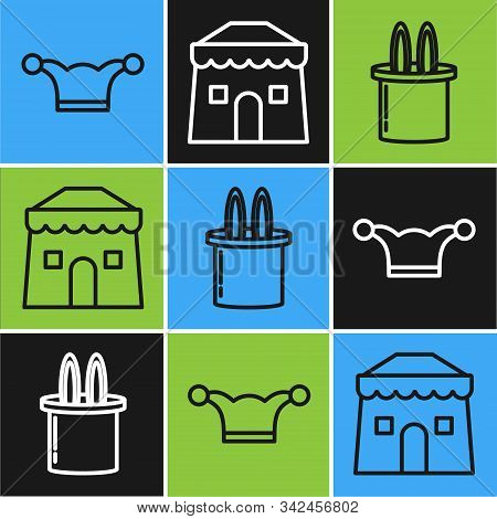 Set Line Jester Hat With Bells, Magician Hat And Rabbit Ears And Circus Tent Icon. Vector
