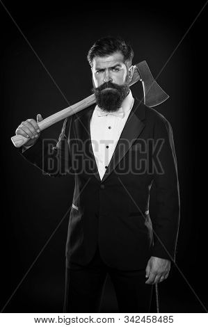 Tuxedo Party Boss. Brutal Man Hispter Hold Axe Black Background. Confident Businessman Formal Suit. 