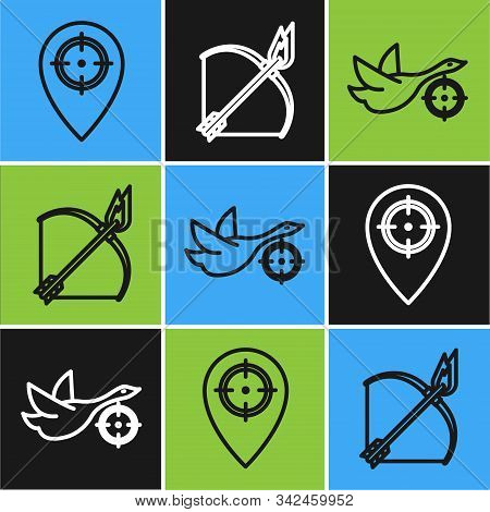 Set Line Hunt Place, Hunt On Duck With Crosshairs And Bow And Fire Arrow Icon. Vector