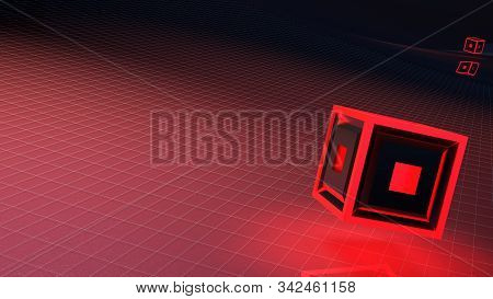 Absstract Red Background With Grid And Red Lighted Cube - 3d Rendering Illustration