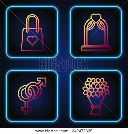 Set Line Bouquet Of Flowers, Gender, Shopping Bag With Heart And Wedding Arch. Gradient Color Icons.
