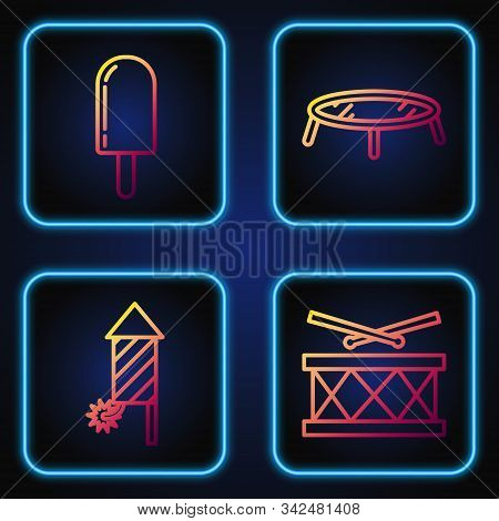 Set Line Drum With Drum Sticks, Firework Rocket, Ice Cream And Jumping Trampoline. Gradient Color Ic