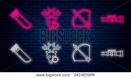 Set Line Hunt On Deer With Crosshairs, Bow And Arrow In Quiver, Quiver With Arrows And Sniper Optica