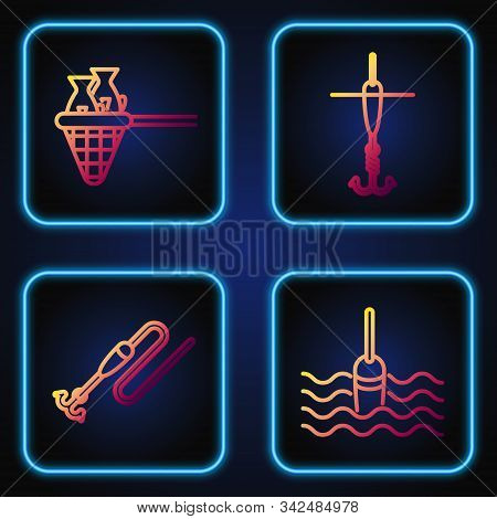 Set Line Fishing Float In Water, Fishing Line With Hook And Float, Fishing Net With Fish And Fishing