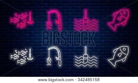 Set Line Fishing Rod And Fish, Fishing Float In Water, Fishing Hook Under Water With Fish And Fish. 