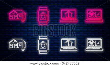 Set Line Smart Watch With House Under Protection, Laptop With House Temperature, House Temperature A