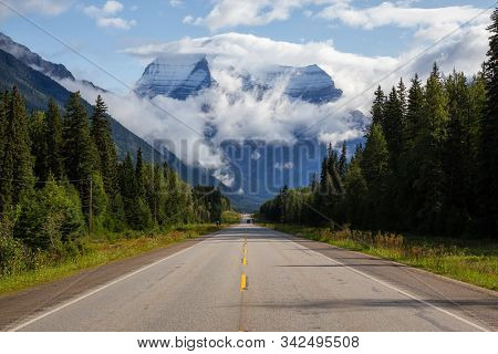 Beautiful View Of Yellowhead Highway With Mount Robson In The Background During A Cloudy Summer Morn