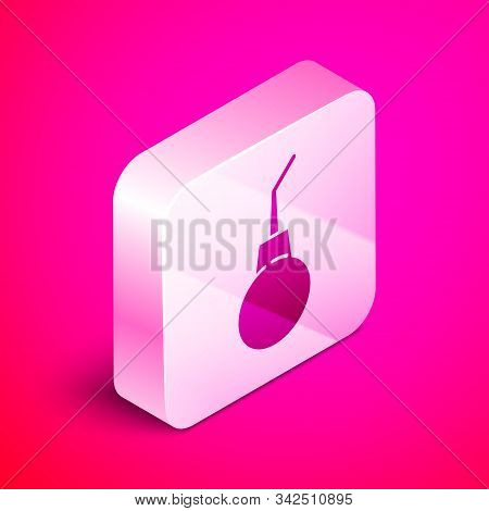 Isometric Enema Pear Icon Isolated On Pink Background. Medical Rubber Pump. Silver Square Button. Ve