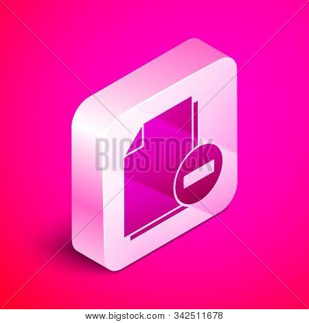 Isometric Document With Minus Icon Isolated On Pink Background. Clear Document. Remove File Document