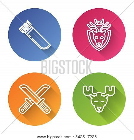 Set Line Quiver With Arrows, Deer Head With Antlers On Shield, Crossed Hunter Knife And Moose Head W