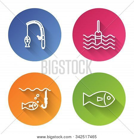 Set Line Fishing Rod And Fish, Fishing Float In Water, Fishing Hook Under Water With Fish And Fish. 