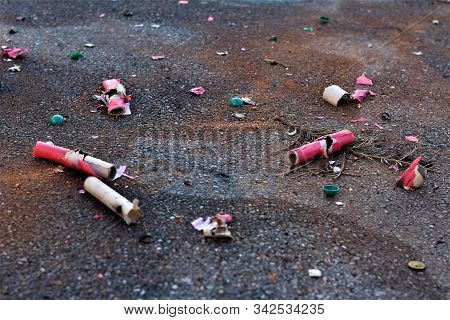 Firework And Celebrating Trash On The Streets. Litter The Day After New Years Eve.