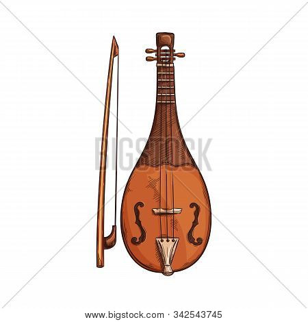 Rebec Isolated Retro Musical Instrument. Vector Bowed Stringed Instrument With Bow, Arab Music