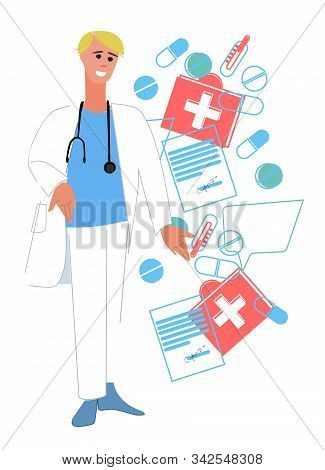 Doctor With Stethoscope And Collage Of Medicines, Medical Prescriptions And Thermometers. Primary Ca