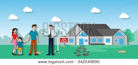 The Realtor Shows And Presenting The New Beautiful Modern Real Estate For Sale To Client With Family