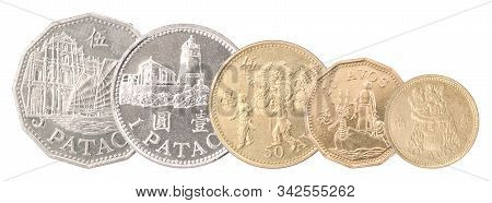 A Complete Set Of Macau Coins Rowed One After Another. Isolated Over White Background.