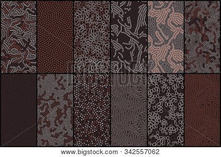 Set Of Organic Seamless Patterns With Rounded Lines, Drips. Diffusion Reaction Background. Linear De