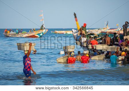 Tanji, The Gambia - November 21, 2019: Scene With Men And Women Carrying Fish From The Boats To The