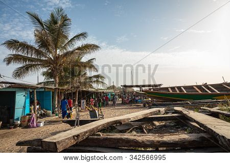 Tanji, The Gambia - November 21, 2019: Traditional Fishing Boats In Tanji. Fishing Village. Gambia,