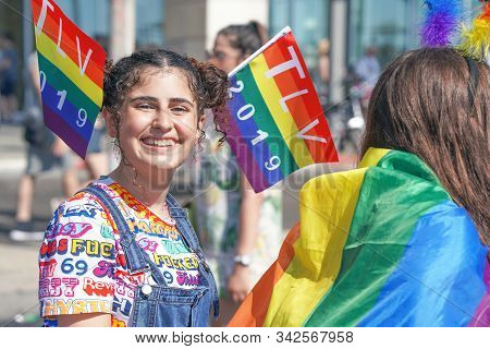 The Annual Parade Lgbt. Gay And Lesbians Walking In The Gay Pride Parade. Parade Of Tolerance. Rainb