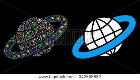 Glowing Mesh Planetary Ring Icon With Glare Effect. Abstract Illuminated Model Of Planetary Ring. Sh