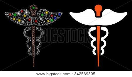 Glossy Mesh Caduceus Icon With Glitter Effect. Abstract Illuminated Model Of Caduceus. Shiny Wire Ca