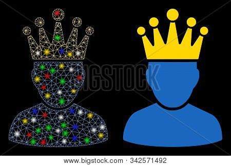 Glossy Mesh King Admin Icon With Glow Effect. Abstract Illuminated Model Of King Admin. Shiny Wire F
