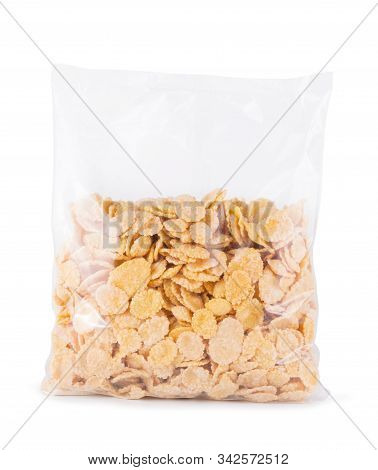 Cornflakes On Clear Package For Breakfast Isolated On Whire Background