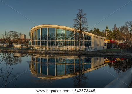Swimming Hall In Ceske Budejovice Near Vltava River In Sunny Winter Color Evening