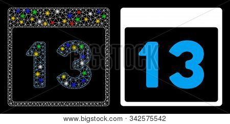 Glowing Mesh Thirteenth Calendar Page Icon With Glare Effect. Abstract Illuminated Model Of Thirteen