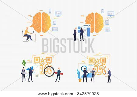 Efficiency Analysis Set. Businesspeople Analyzing Qr Codes, Brainwork, Thinking. Flat Vector Illustr